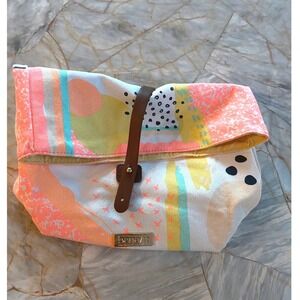 Benefit Cosmetics Abstract Canvas Roll Top Makeup Bag Multicolor Pouch Gold Logo